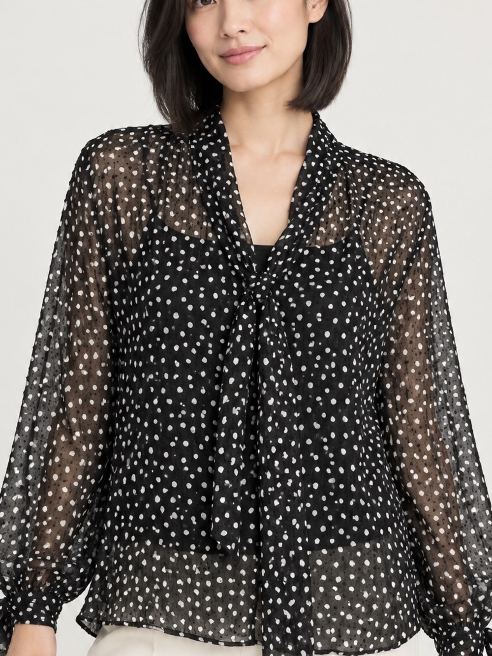Banana Republic Sheer Black & White Dot Tie-Neck Blouse – Small